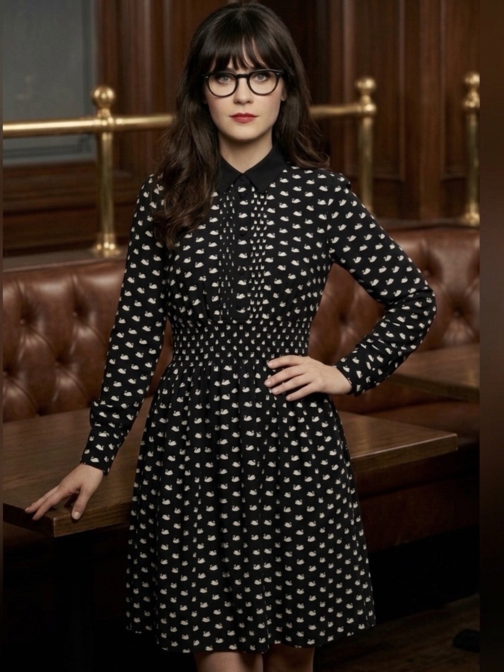 KATE SPADE Swan Print Silk Blend Shirtdress Black Size Large